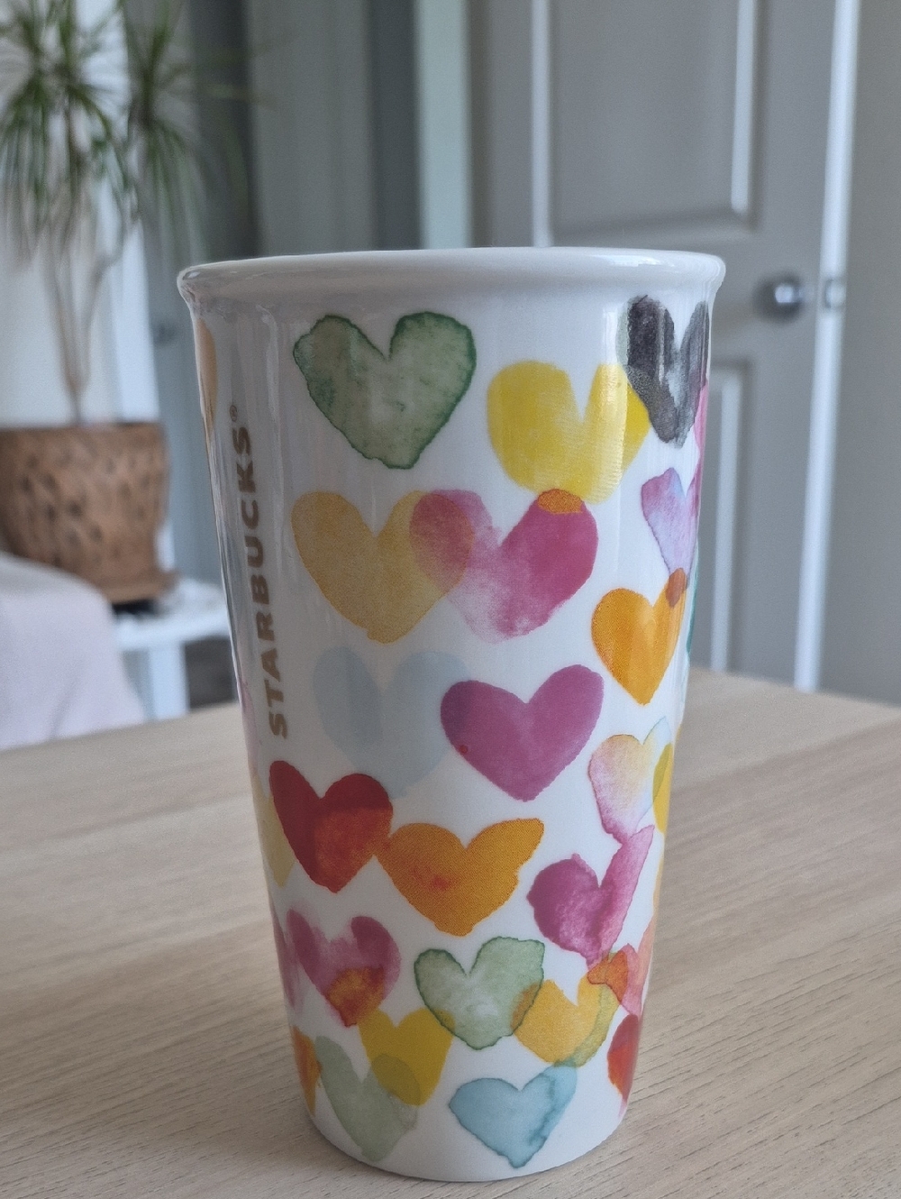 Starbucks Ceramic Tumbler with Colorful Watercolor Hearts